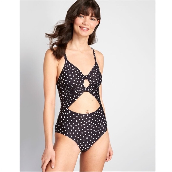 Modcloth retro black and white Polkadot One-Piece Swimsuit Monokini - Picture 2 of 10